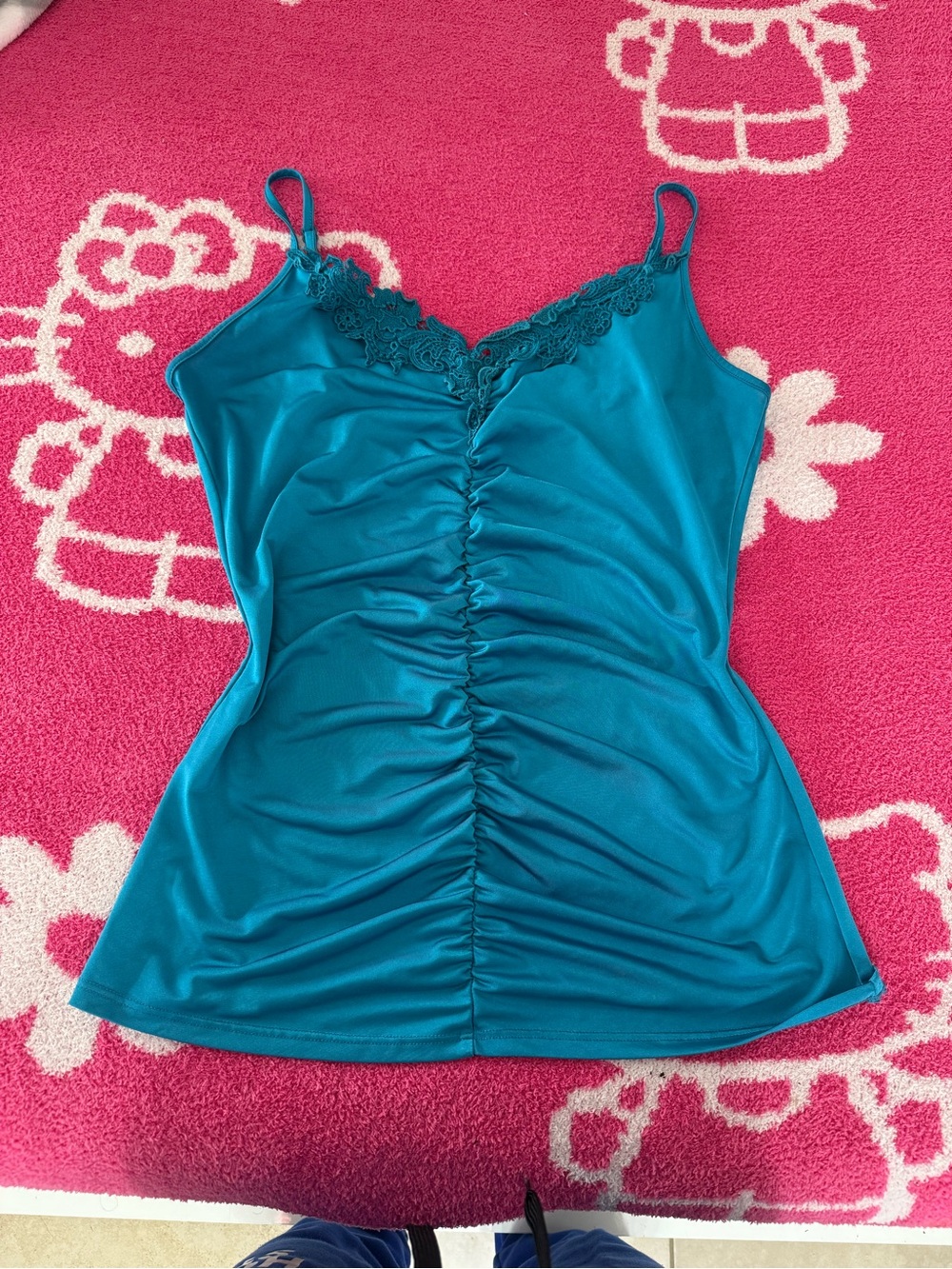 Cache Teal Lace-Detail Ruched Cami